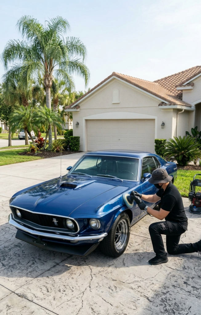 Mobile paint correction service being performed in a residential driveway in Orlando FL.